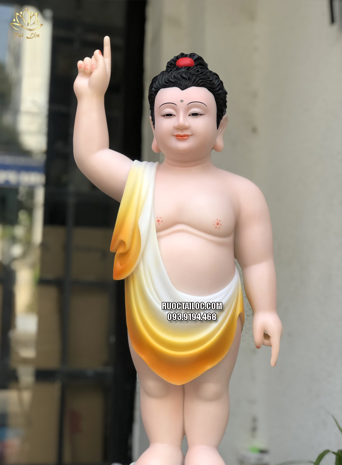 Tượng Phật Đản Sanh bằng bột đá áo vàng trắng đế sen tròn
