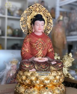 Tượng Phật Thích Ca áo gấm đỏ hào quang vàng
