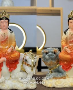 tôn tượng Văn Thù Phổ Hiền bằng bột đá vẽ gấm phủ bóng đẹp