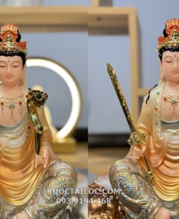 tượng Văn Thù Phổ Hiền bằng bột đá vẽ gấm phủ bóng mờ đẹp