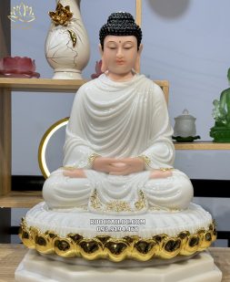 tượng Bổn Sư Thích Ca Mâu Ni bằng bột đá đế 8 cạnh dát vàng đẹp