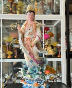 tượng Quan Âm đứng bột đá vẽ gấm cao cấp