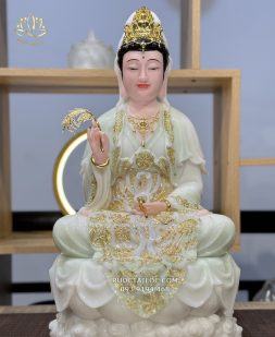 tượng Quan Âm Bồ Tát xanh ngọc thiên thanh áo dát vàng QABT-073