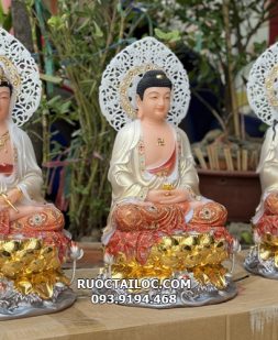 tượng Tây Phương Tam Thánh Bột Đá Vẽ Gấm Có Hào Quang Nhỏ