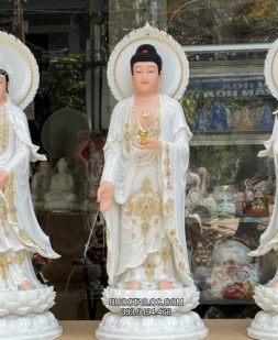 Tượng Tây Phương Tam Thánh Đứng Bằng Bột Đá Trắng có hào quang TPTT-047