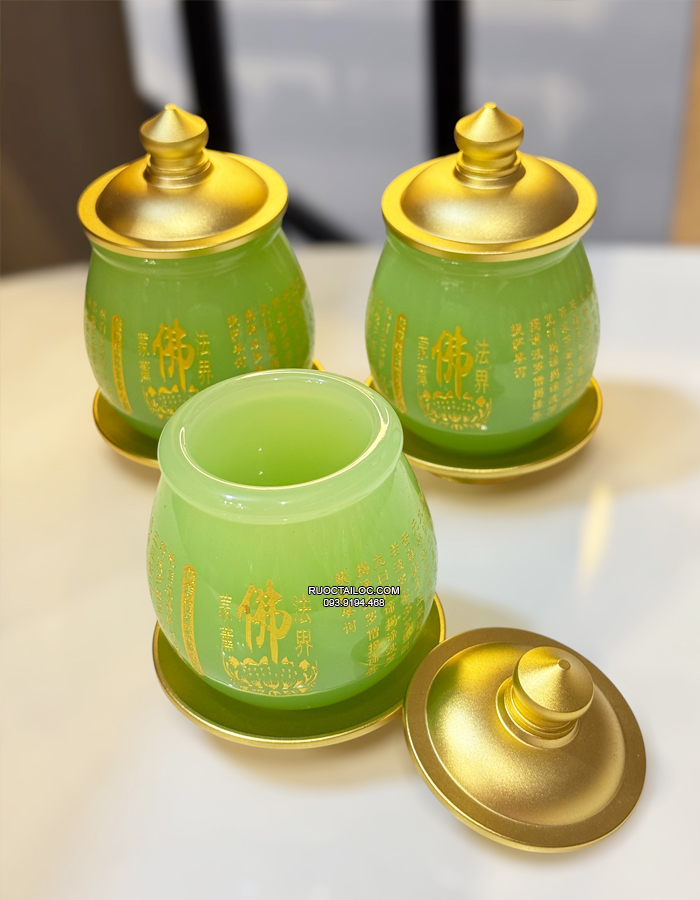 Chum có nắp bằng bột đá khắc tâm kinh chữ Phật DTC-012