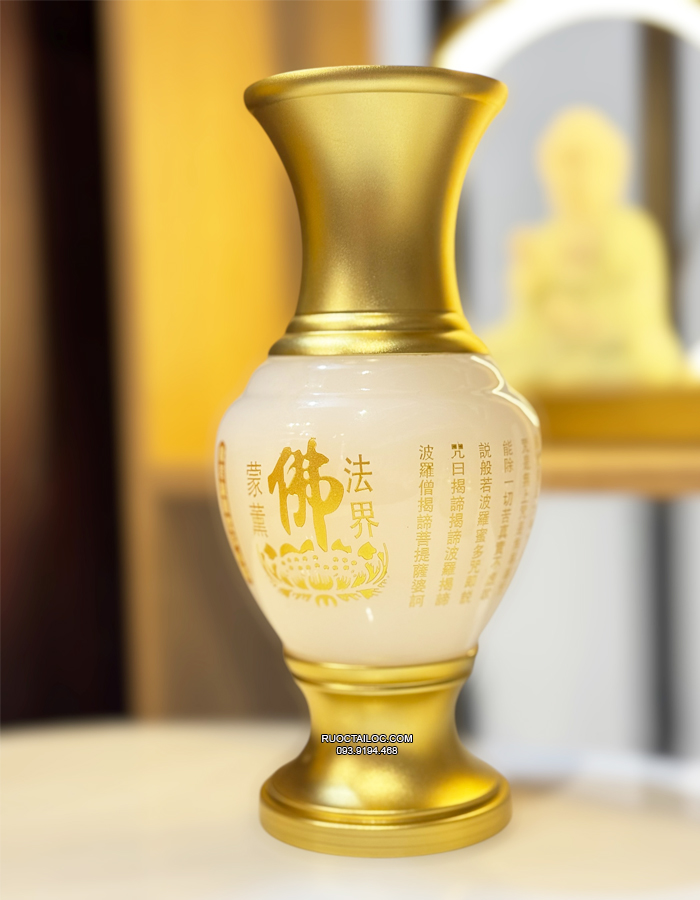 bình bông bằng bột đá khắc tâm kinh chữ Phật đẹp