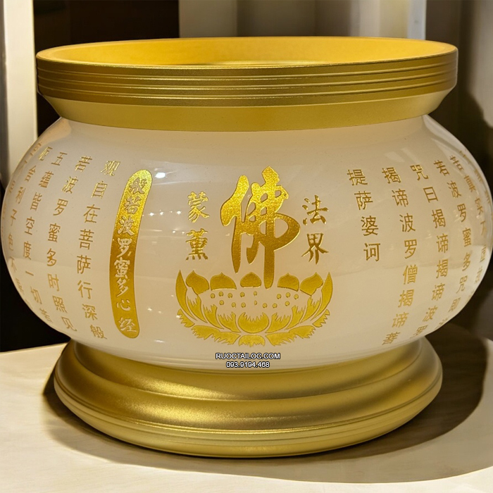 Lư hương khắc tâm kinh chữ Phật bằng bột đá trắng