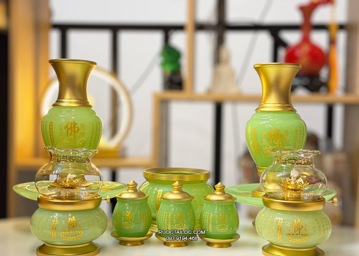 Trọn Bộ Đồ Thờ Cúng Bằng Bột Đá Thạch Ngọc khắc tâm kinh chữ Phật