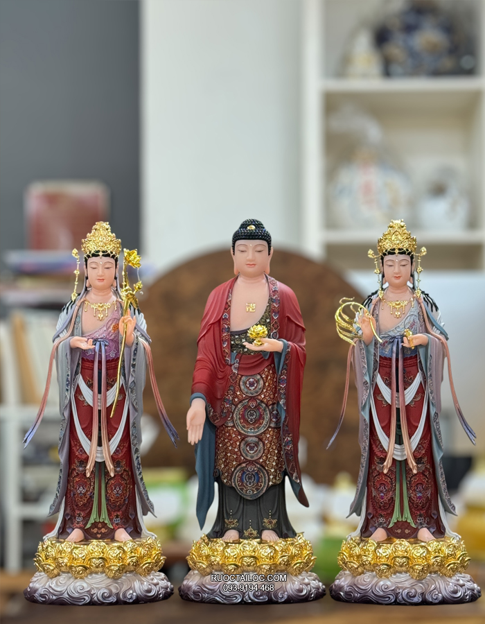 Tượng Tây Phương Tam Thánh bằng bột đá vẽ gấm đỏ cao cấp
