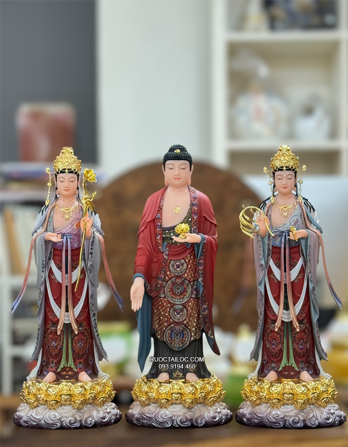 Tượng Tây Phương Tam Thánh bằng bột đá vẽ gấm đỏ cao cấp