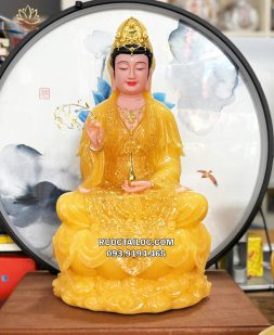 Tượng Quan Âm Bồ Tát áo rũ viền vàng bằng bột đá thạch anh