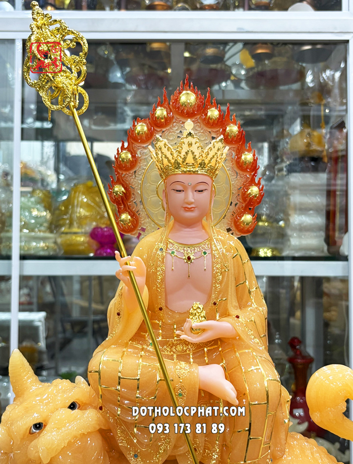 Tượng Địa Tạng Vương Bồ Tát cưỡi đế thính bằng bột đá thạch anh
