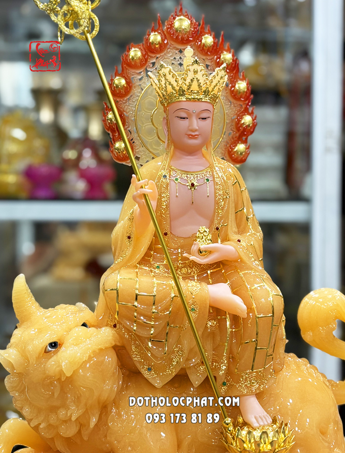 Tượng Địa Tạng Vương Bồ Tát cưỡi đế thính bằng bột đá thạch anh