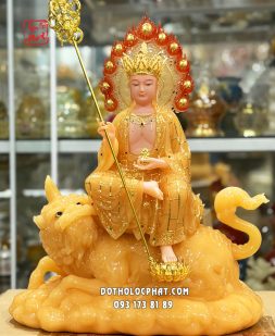 Tượng Địa Tạng Vương Bồ Tát cưỡi đế thính bằng bột đá thạch anh