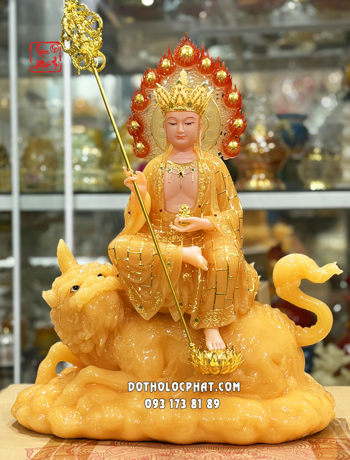 Tượng Địa Tạng Vương Bồ Tát cưỡi đế thính bằng bột đá thạch anh