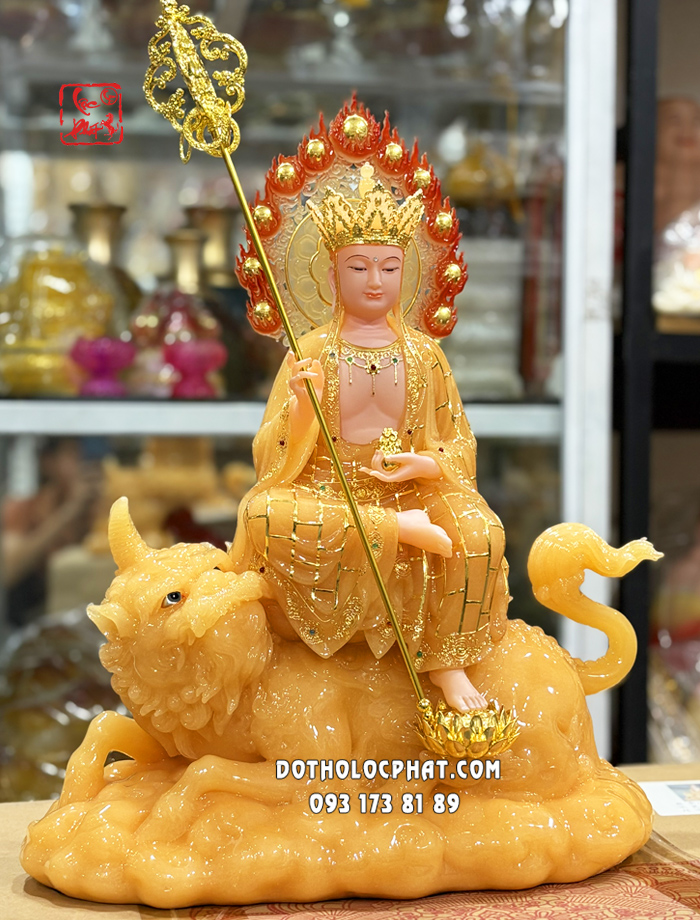 Tượng Địa Tạng Vương Bồ Tát cưỡi đế thính bằng bột đá thạch anh