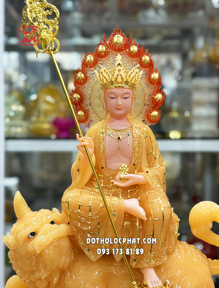 Tượng Địa Tạng Vương Bồ Tát cưỡi đế thính bằng bột đá thạch anh