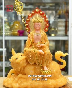 Tượng Địa Tạng Vương Bồ Tát cưỡi đế thính bằng bột đá thạch anh