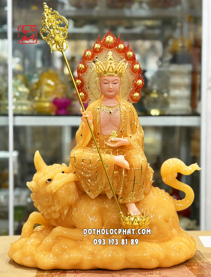 Tượng Địa Tạng Vương Bồ Tát cưỡi đế thính bằng bột đá thạch anh