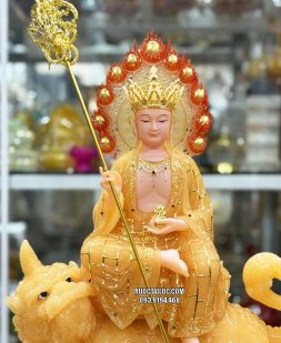 Tượng Địa Tạng Vương Bồ Tát cưỡi đế thính bằng bột đá thạch anh