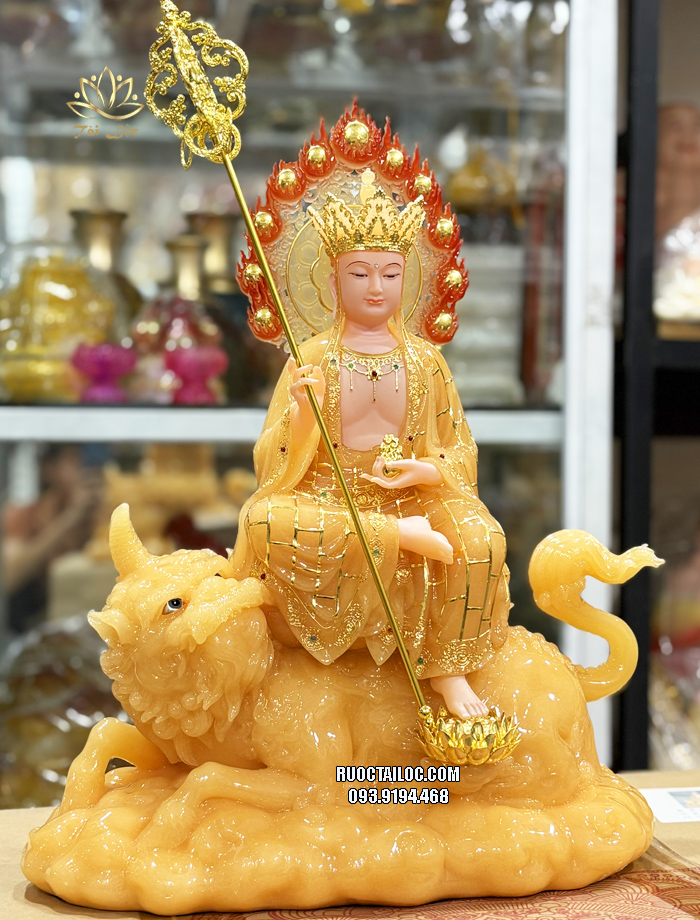 Tượng Địa Tạng Vương Bồ Tát cưỡi đế thính bằng bột đá thạch anh