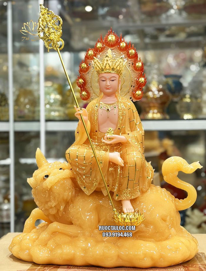 Tượng Địa Tạng Vương Bồ Tát cưỡi đế thính bằng bột đá thạch anh