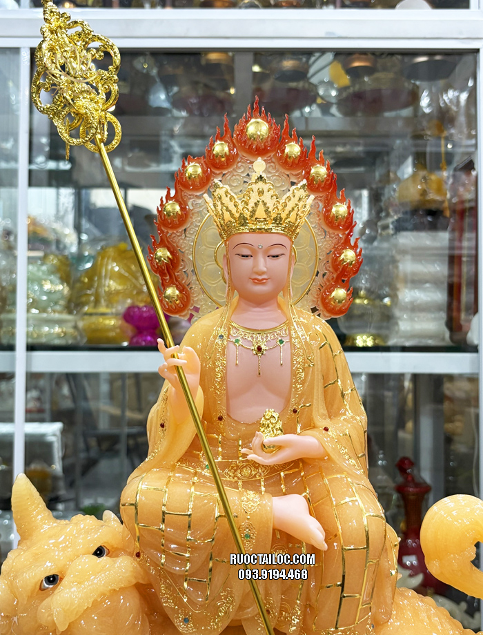 Tượng Địa Tạng Vương Bồ Tát cưỡi đế thính bằng bột đá thạch anh