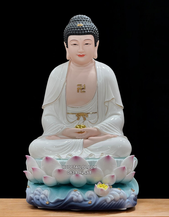 tượng Phật A Di Đà bằng sứ trắng sen hồng cao cấp