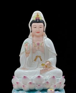 tượng Phật Quan Âm bằng sứ trắng sen hồng đế non nước đẹp nhiều kích thước