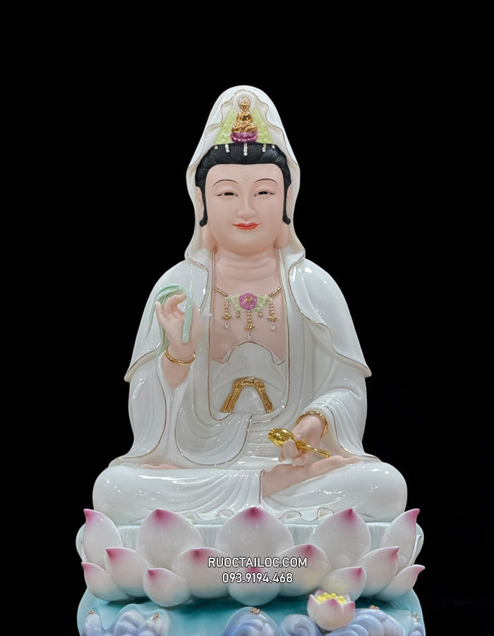 tượng Phật Quan Âm bằng sứ trắng sen hồng đế non nước đẹp nhiều kích thước