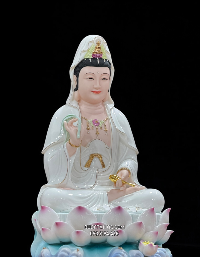 tượng Phật Quan Âm bằng sứ trắng sen hồng đế non nước đẹp nhiều kích thước