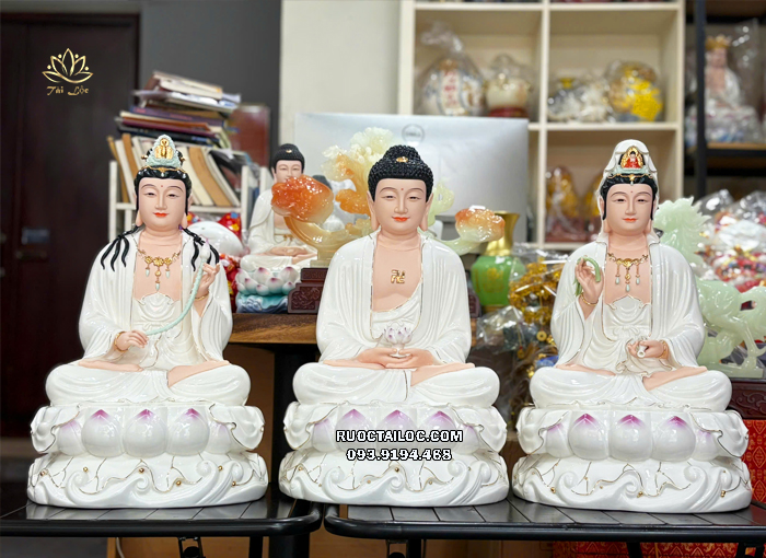 Tượng Tây Phương Tam Thánh đế non nước bằng sứ trắng