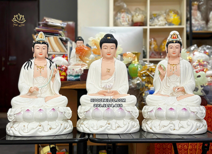 Tượng Tây Phương Tam Thánh đế non nước bằng sứ trắng