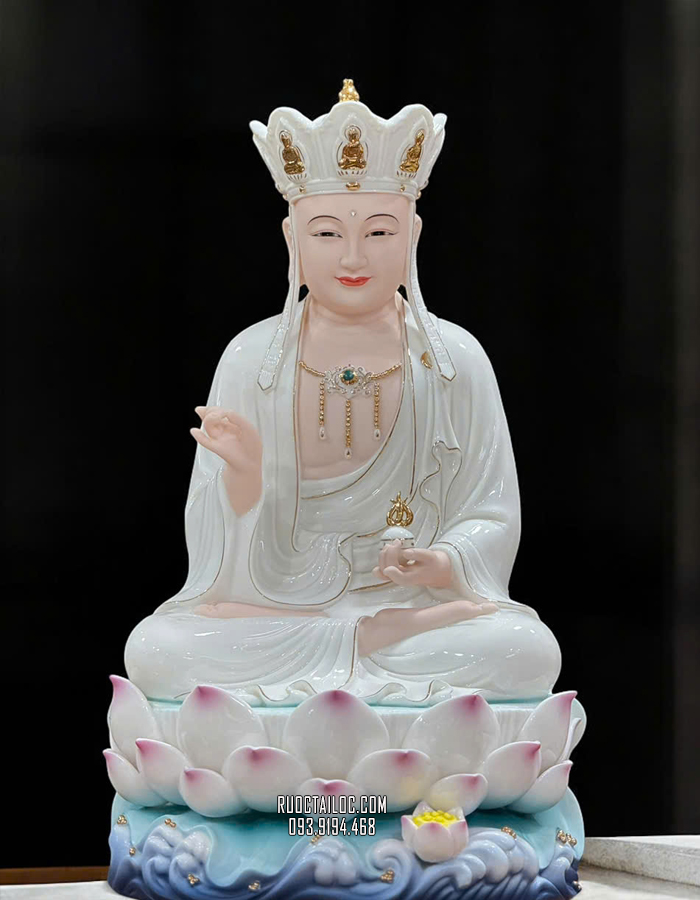 tôn tượng Địa Tạng Vương Bồ Tát bằng sứ trắng hoa sen