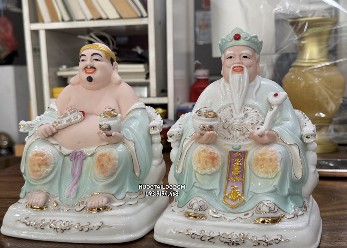 tượng ông địa thần tài bằng sứ gấm xanh đẹp