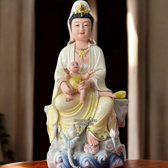 Tượng Quan Âm Tống Tử Bằng Sứ Vẽ Gấm đẹp