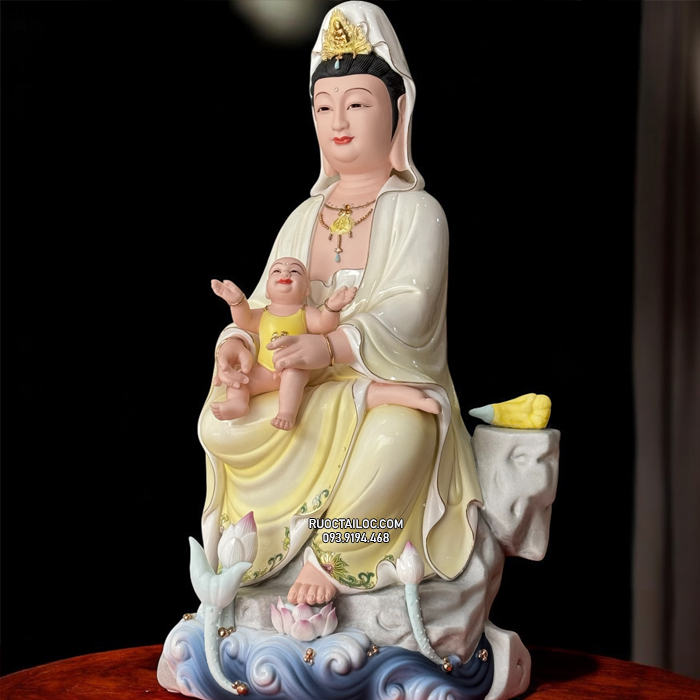 Tượng Quan Âm Tống Tử Bằng Sứ Vẽ Gấm đẹp