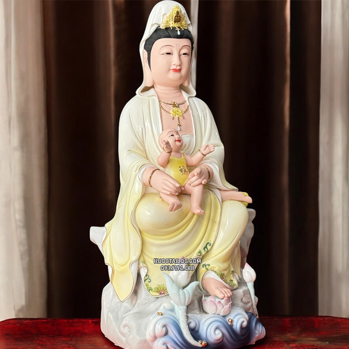 Tượng Quan Âm Tống Tử Bằng Sứ Vẽ Gấm đẹp