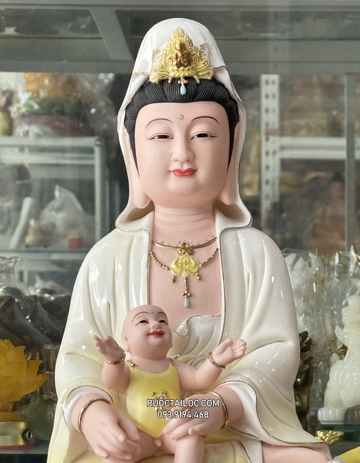 Tượng Quan Âm Tống Tử Bằng Sứ Vẽ Gấm đẹp