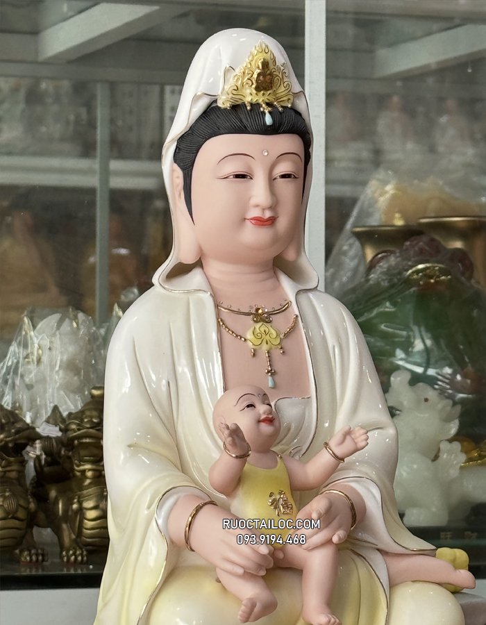 Tượng Quan Âm Tống Tử Bằng Sứ Vẽ Gấm đẹp