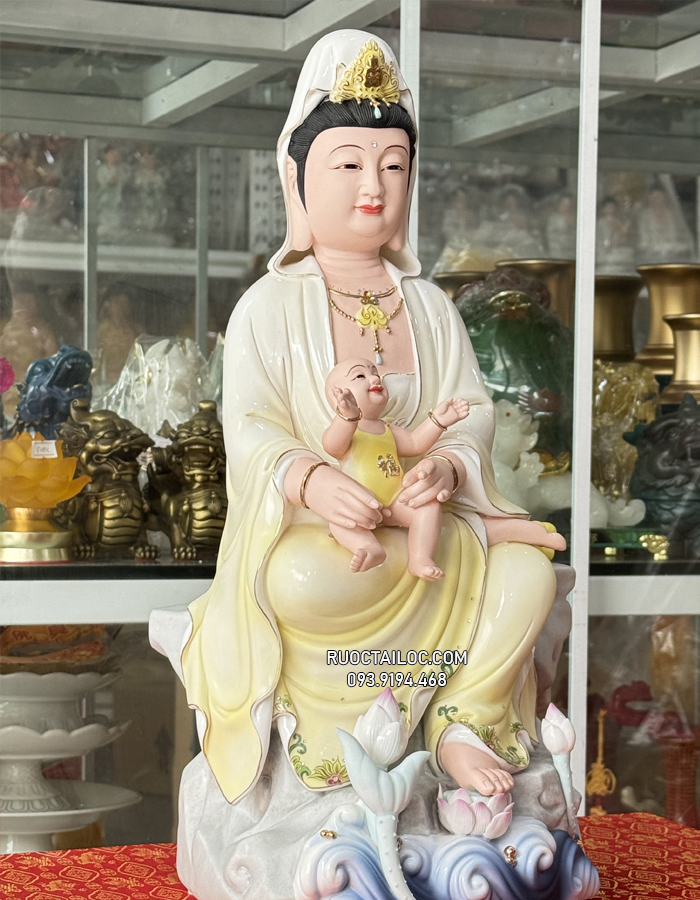 Tượng Quan Âm Tống Tử Bằng Sứ Vẽ Gấm đẹp