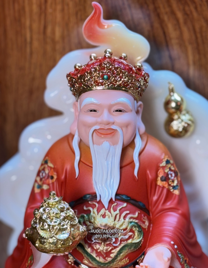 Tượng Ông Địa Thần Tài Đá Đỏ vân phong vẽ gấm đẹp