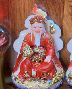 Tượng Ông Địa Thần Tài Đá Đỏ vân phong vẽ gấm đẹp