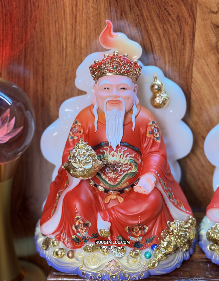 Tượng Ông Địa Thần Tài Đá Đỏ vân phong vẽ gấm đẹp