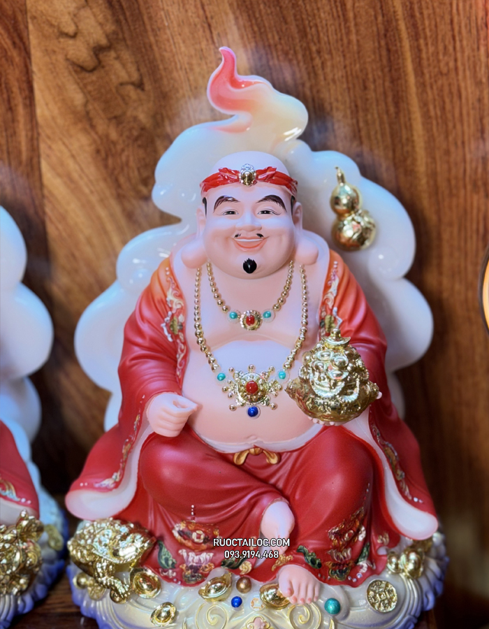 Tượng Ông Địa Thần Tài Đá Đỏ vân phong vẽ gấm đẹp