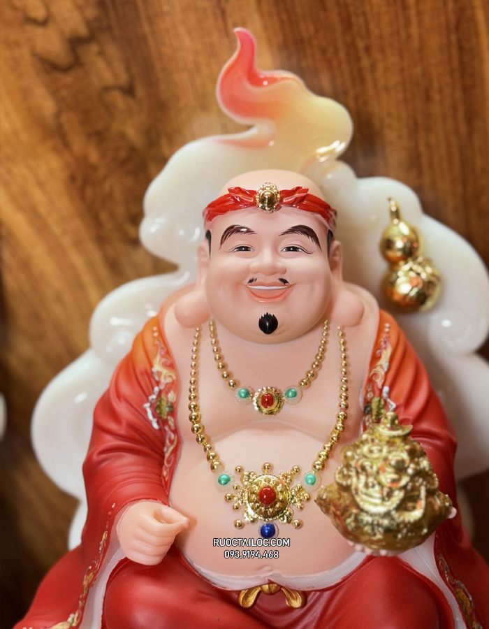 Tượng Ông Địa Thần Tài Đá Đỏ vân phong vẽ gấm đẹp