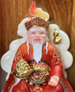 Tượng Ông Địa Thần Tài Đá Đỏ vân phong vẽ gấm đẹp