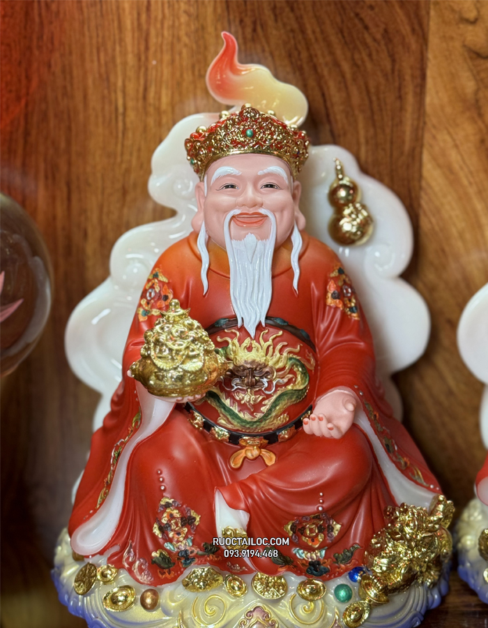 Tượng Ông Địa Thần Tài Đá Đỏ vân phong vẽ gấm đẹp