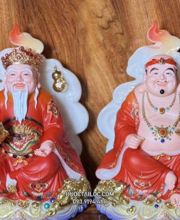 Tượng Ông Địa Thần Tài Đá Đỏ vân phong vẽ gấm đẹp